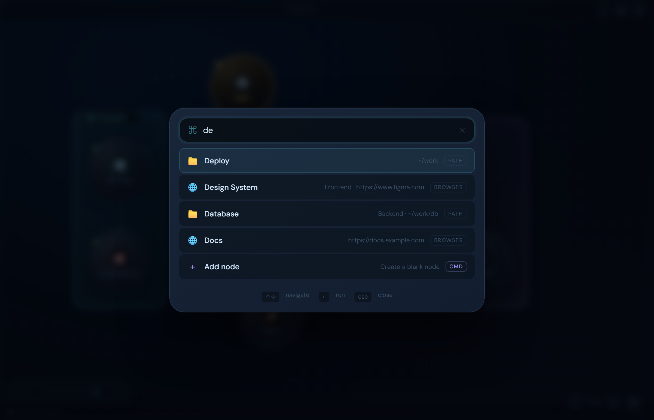 FinNode command palette with fuzzy search