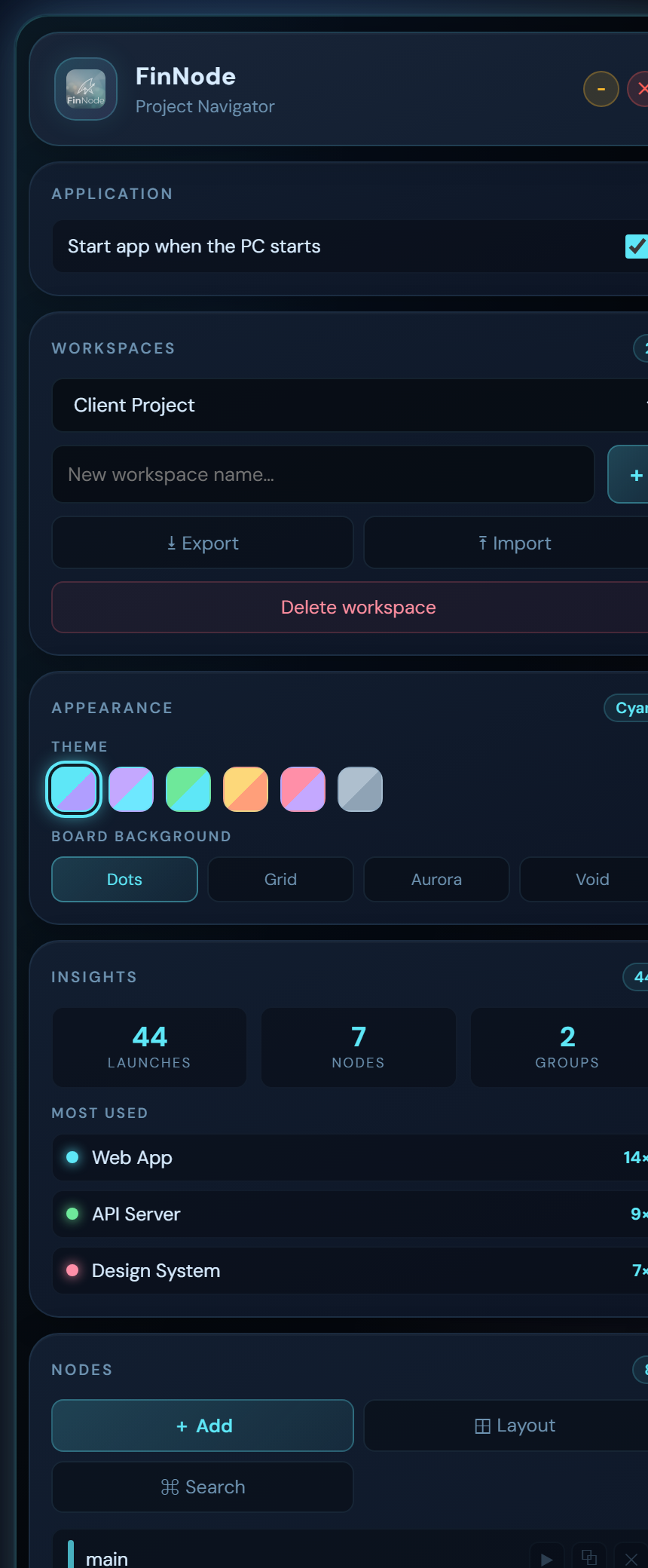 FinNode settings showing themes and usage insights